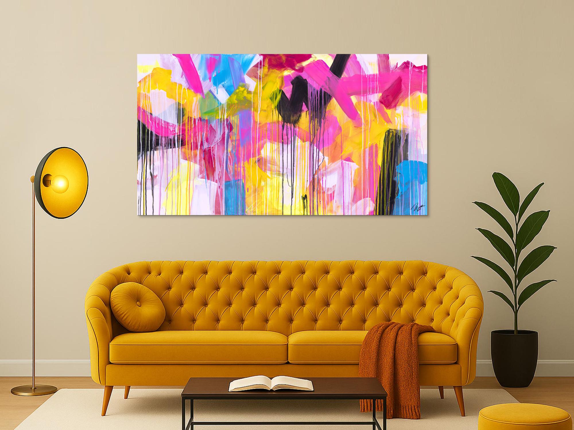 Gemälde Original abstrakt 100x180cm Mischtechnik zeitgenössisch handgefertigt  gelb pink beige Einzelstück