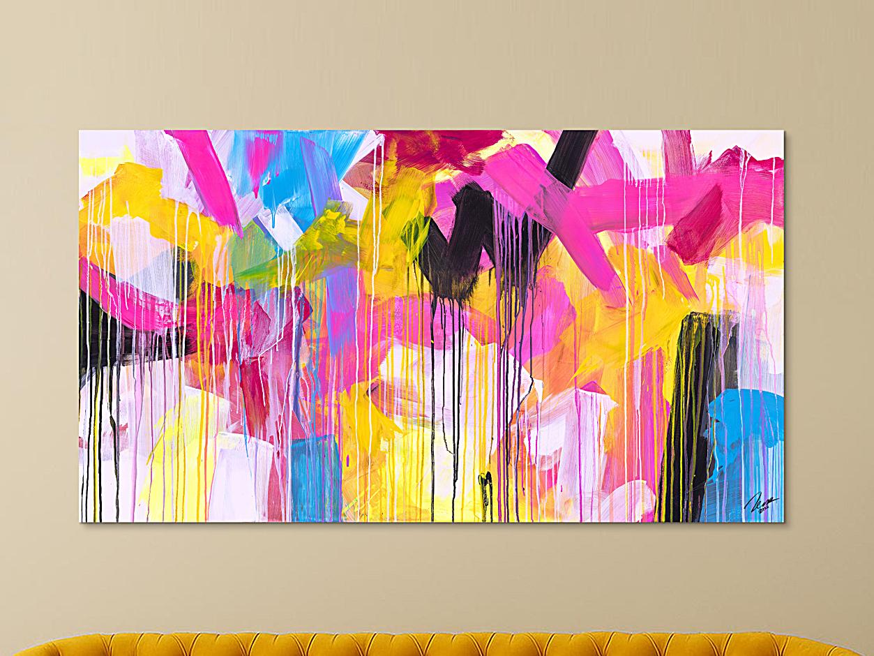 Gemälde Original abstrakt 100x180cm Mischtechnik zeitgenössisch handgefertigt  gelb pink beige Einzelstück