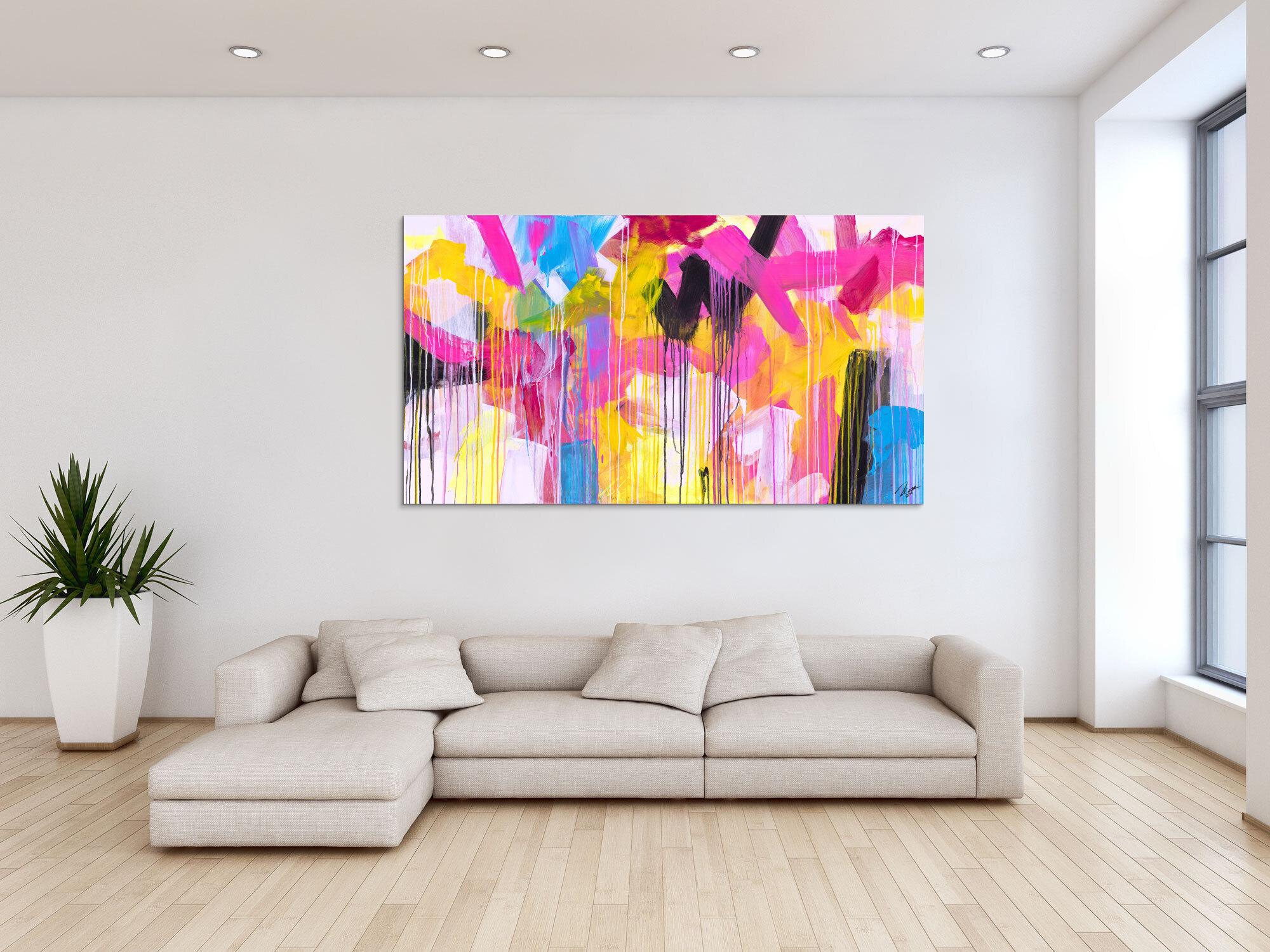 Gemälde Original abstrakt 100x180cm Mischtechnik zeitgenössisch handgefertigt  gelb pink beige Einzelstück