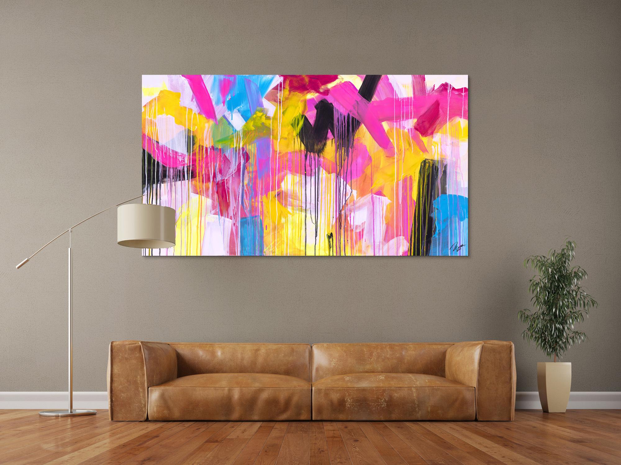 Gemälde Original abstrakt 100x180cm Mischtechnik zeitgenössisch handgefertigt  gelb pink beige Einzelstück