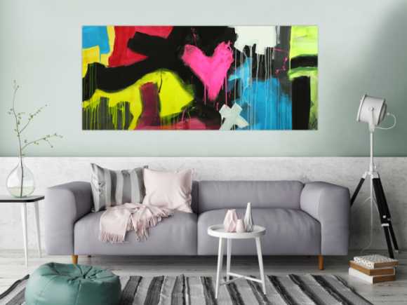 Modernes Gemälde abstrakt Modern Art handgemalt auf Leinwand sehr bunt Neon Farben