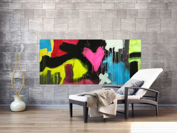 Modernes Gemälde abstrakt Modern Art handgemalt auf Leinwand sehr bunt Neon Farben