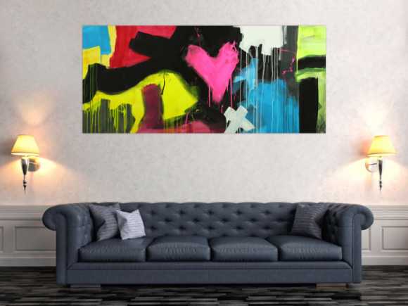 Modernes Gemälde abstrakt Modern Art handgemalt auf Leinwand sehr bunt Neon Farben