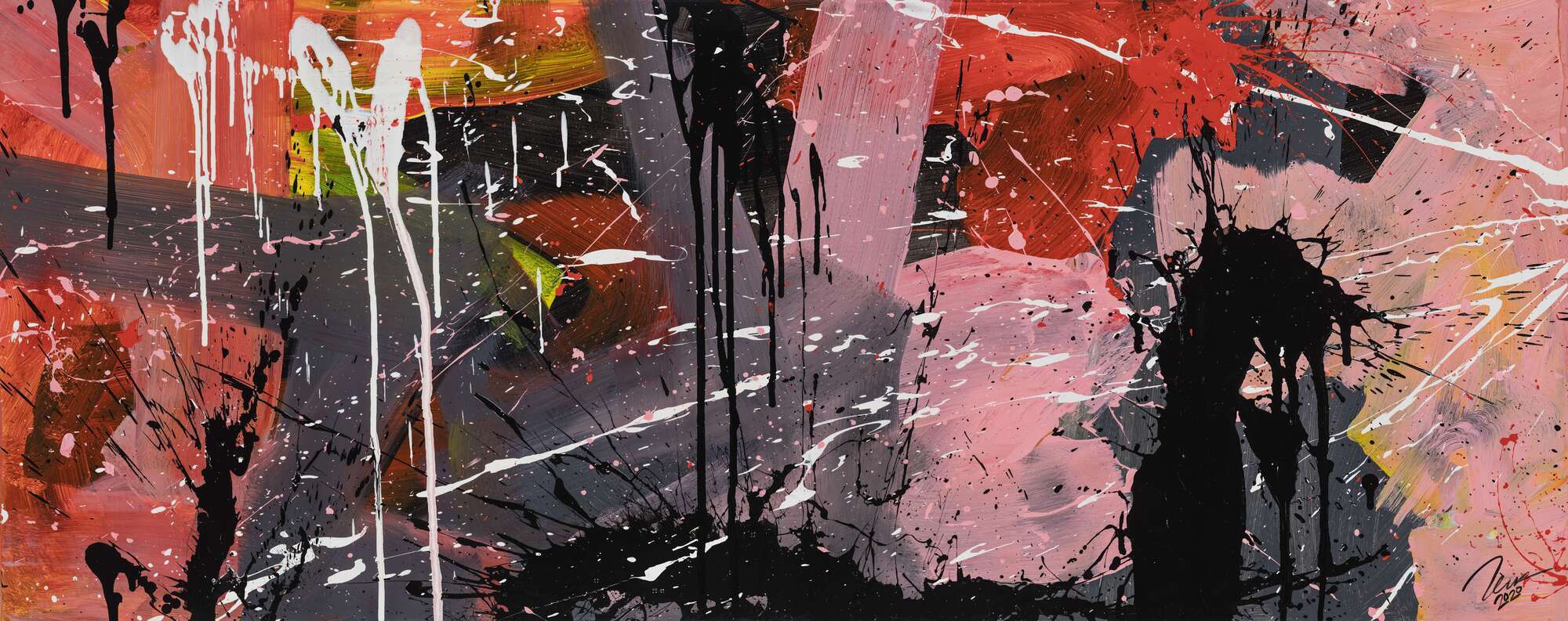 Gemälde Original abstrakt 60x150cm Mischtechnik expressionistisch auf Leinwand  schwarz braun pink hochwertig