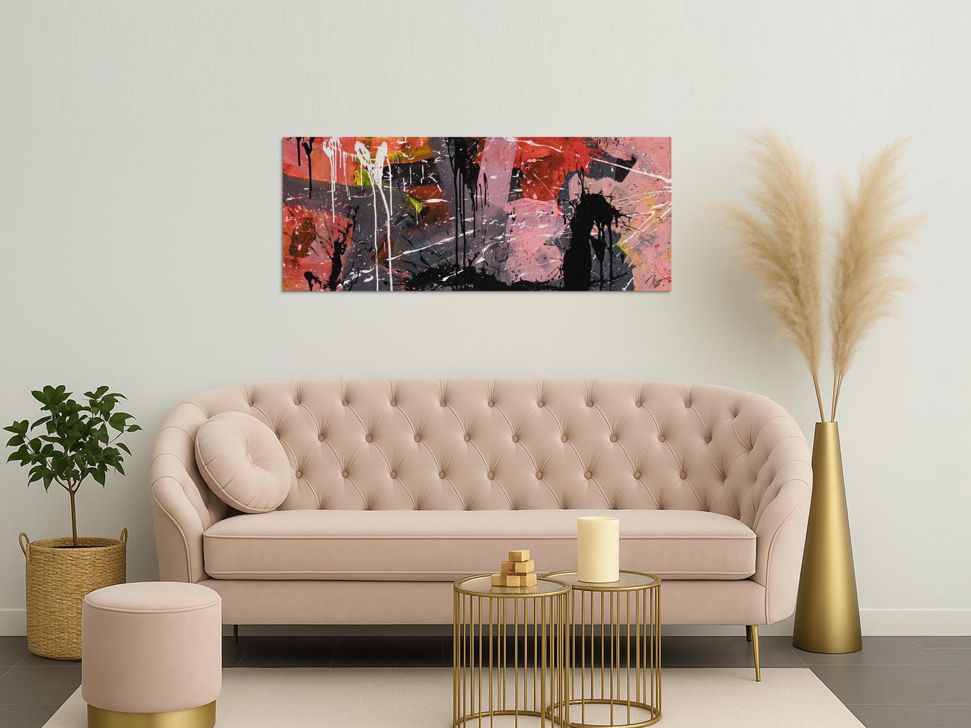 Gemälde Original abstrakt 60x150cm Mischtechnik expressionistisch auf Leinwand  schwarz braun pink hochwertig