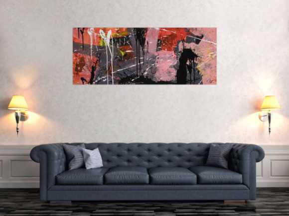 Gemälde Original abstrakt 60x150cm Mischtechnik expressionistisch auf Leinwand  schwarz braun pink hochwertig