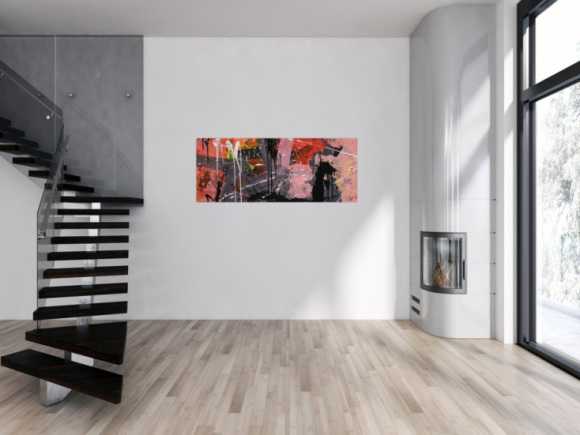 Gemälde Original abstrakt 60x150cm Mischtechnik expressionistisch auf Leinwand  schwarz braun pink hochwertig
