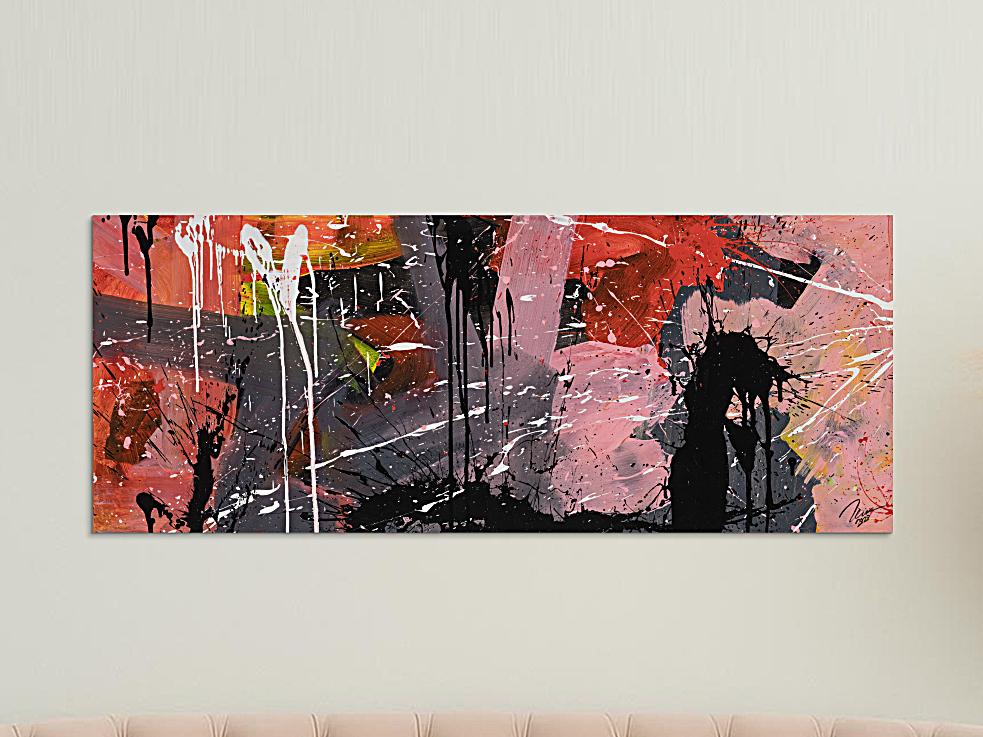 Gemälde Original abstrakt 60x150cm Mischtechnik expressionistisch auf Leinwand  schwarz braun pink hochwertig