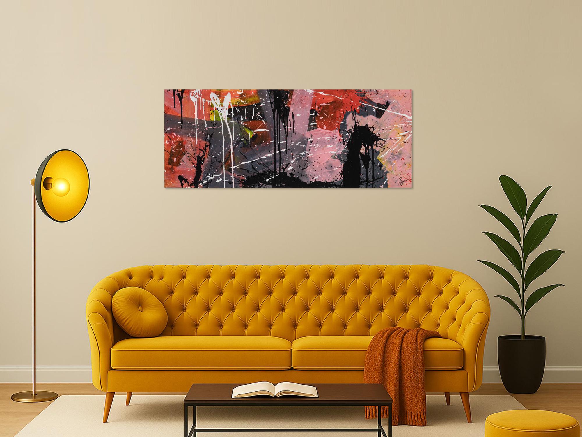 Gemälde Original abstrakt 60x150cm Mischtechnik expressionistisch auf Leinwand  schwarz braun pink hochwertig
