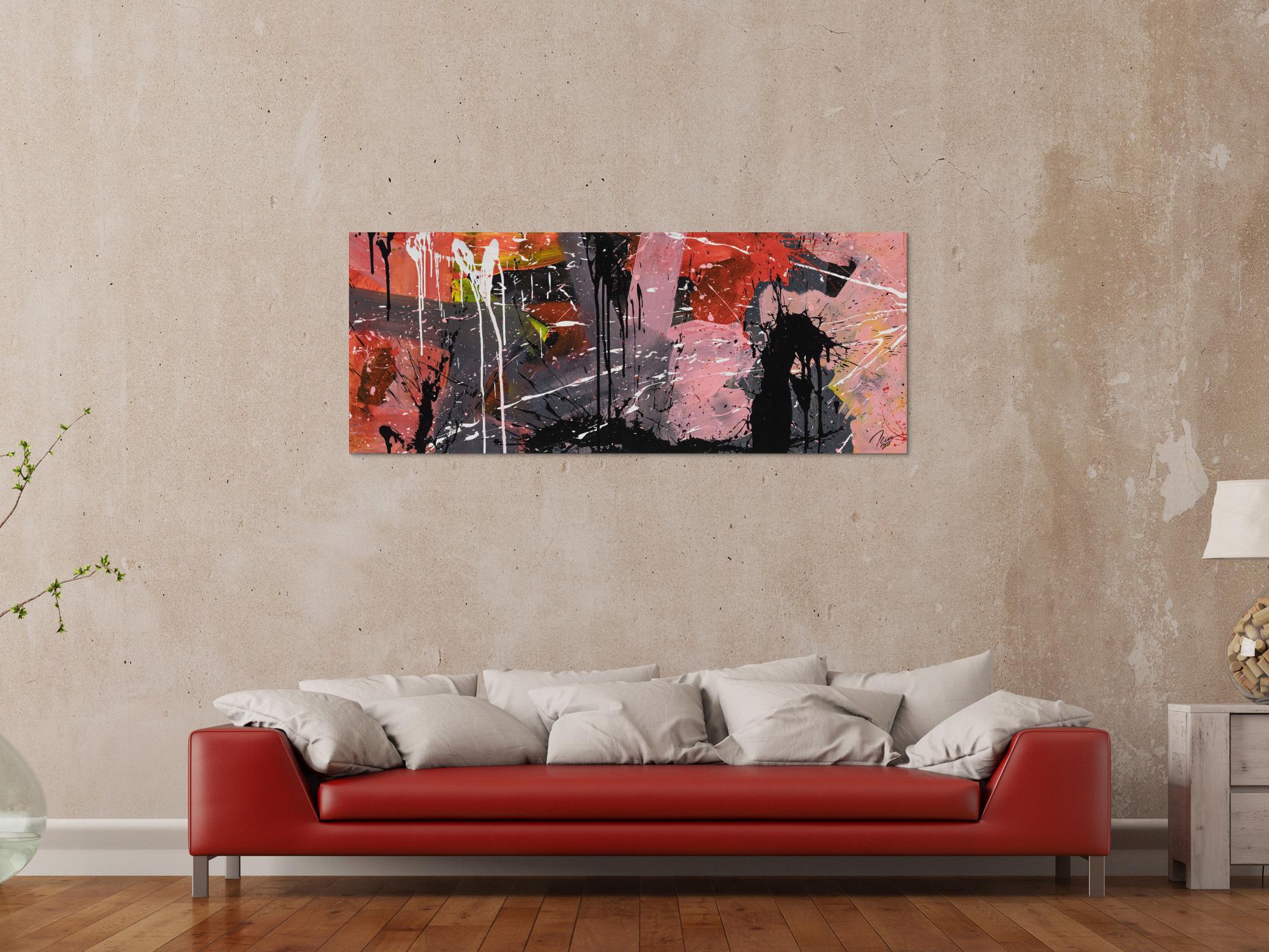 Gemälde Original abstrakt 60x150cm Mischtechnik expressionistisch auf Leinwand  schwarz braun pink hochwertig