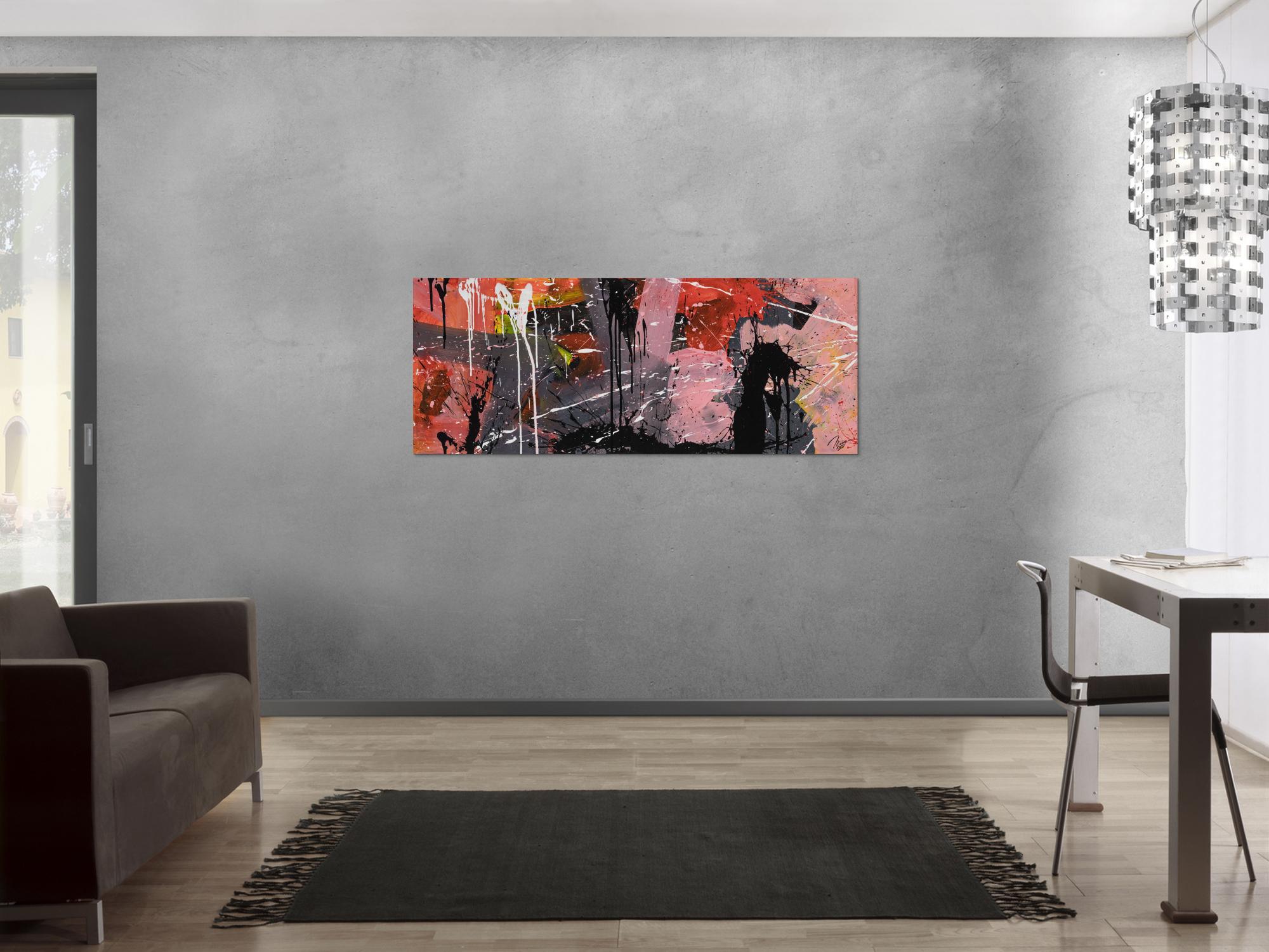 Gemälde Original abstrakt 60x150cm Mischtechnik expressionistisch auf Leinwand  schwarz braun pink hochwertig