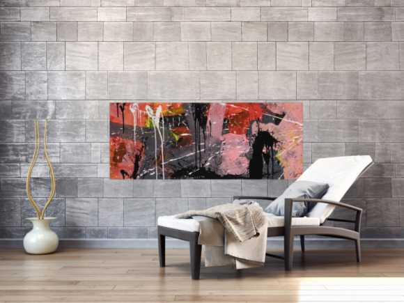 Gemälde Original abstrakt 60x150cm Mischtechnik expressionistisch auf Leinwand  schwarz braun pink hochwertig