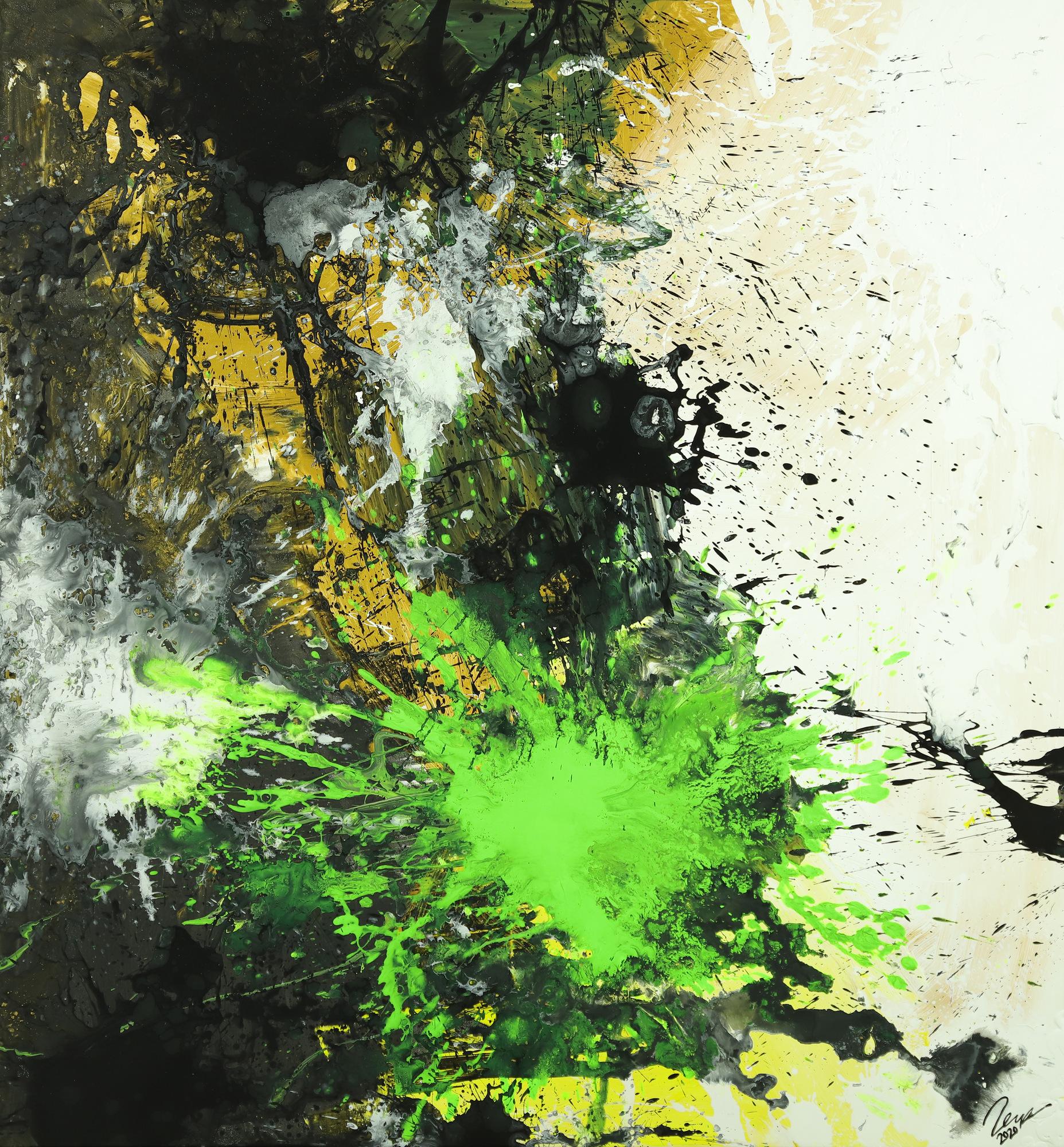 Abstraktes Gemälde Neon Farben Action Painting schwarz gold neon grün weiß Modern Art