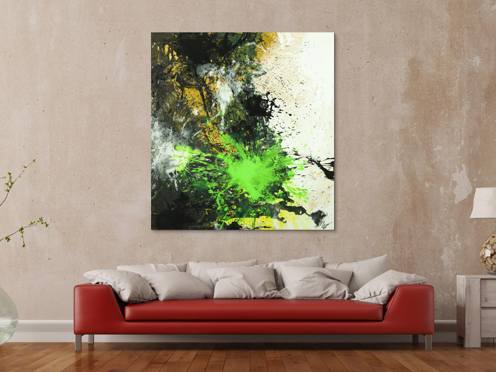 Abstraktes Gemälde Neon Farben Action Painting schwarz gold neon grün weiß Modern Art