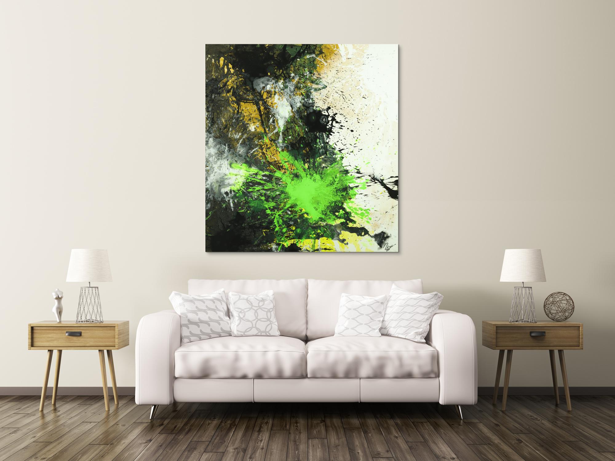 Abstraktes Gemälde Neon Farben Action Painting schwarz gold neon grün weiß Modern Art