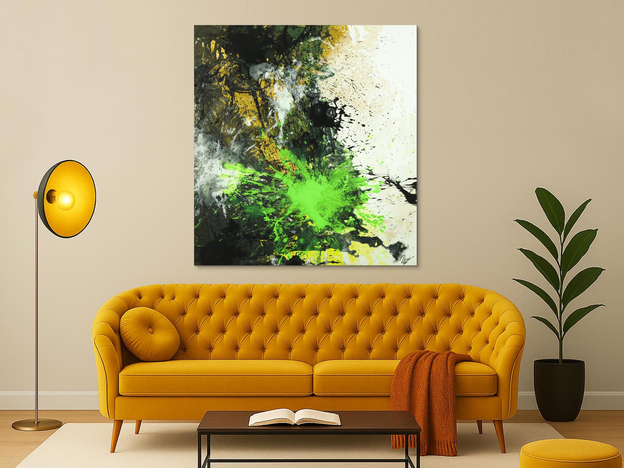 Abstraktes Gemälde Neon Farben Action Painting schwarz gold neon grün weiß Modern Art