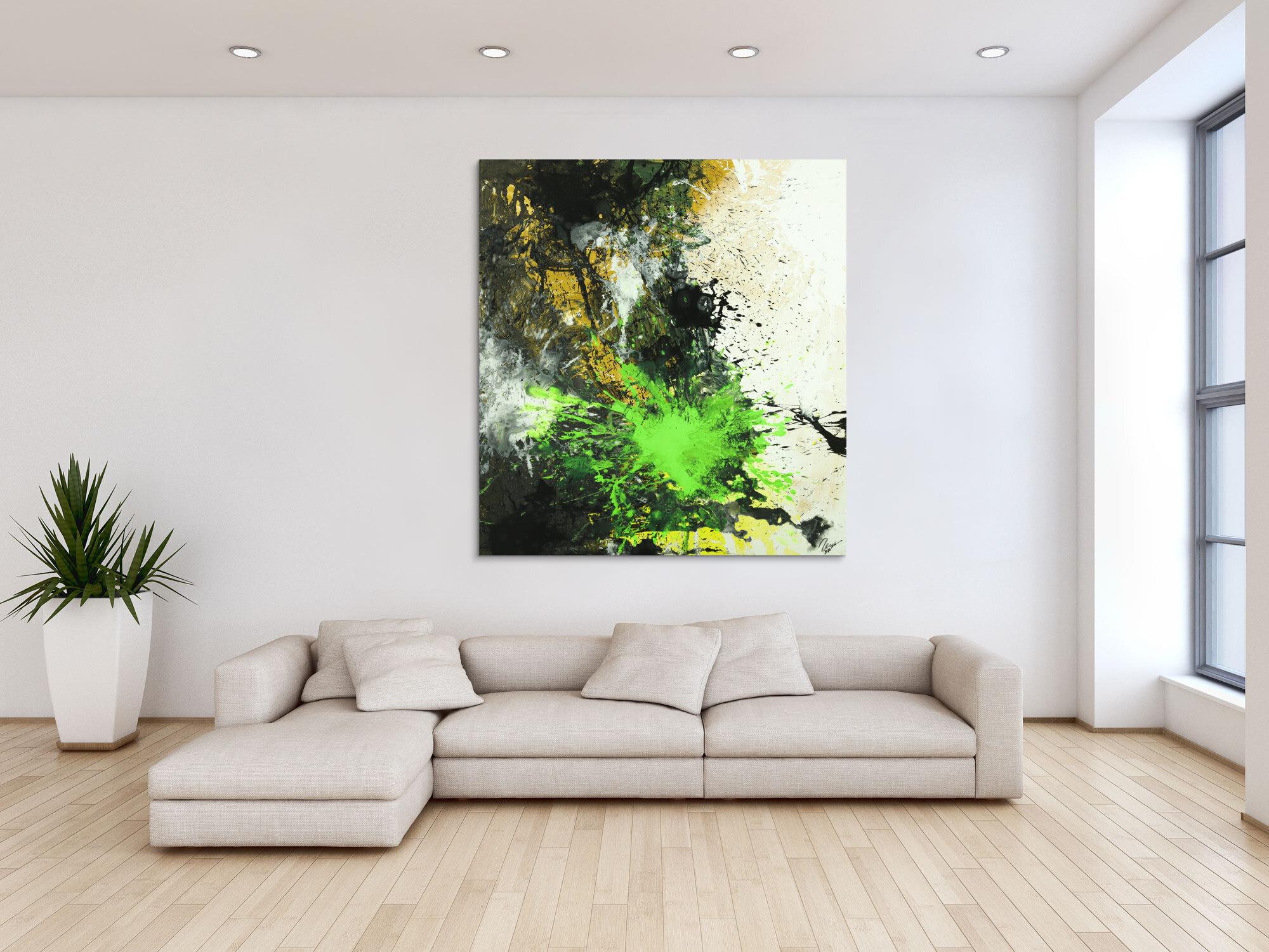 Abstraktes Gemälde Neon Farben Action Painting schwarz gold neon grün weiß Modern Art
