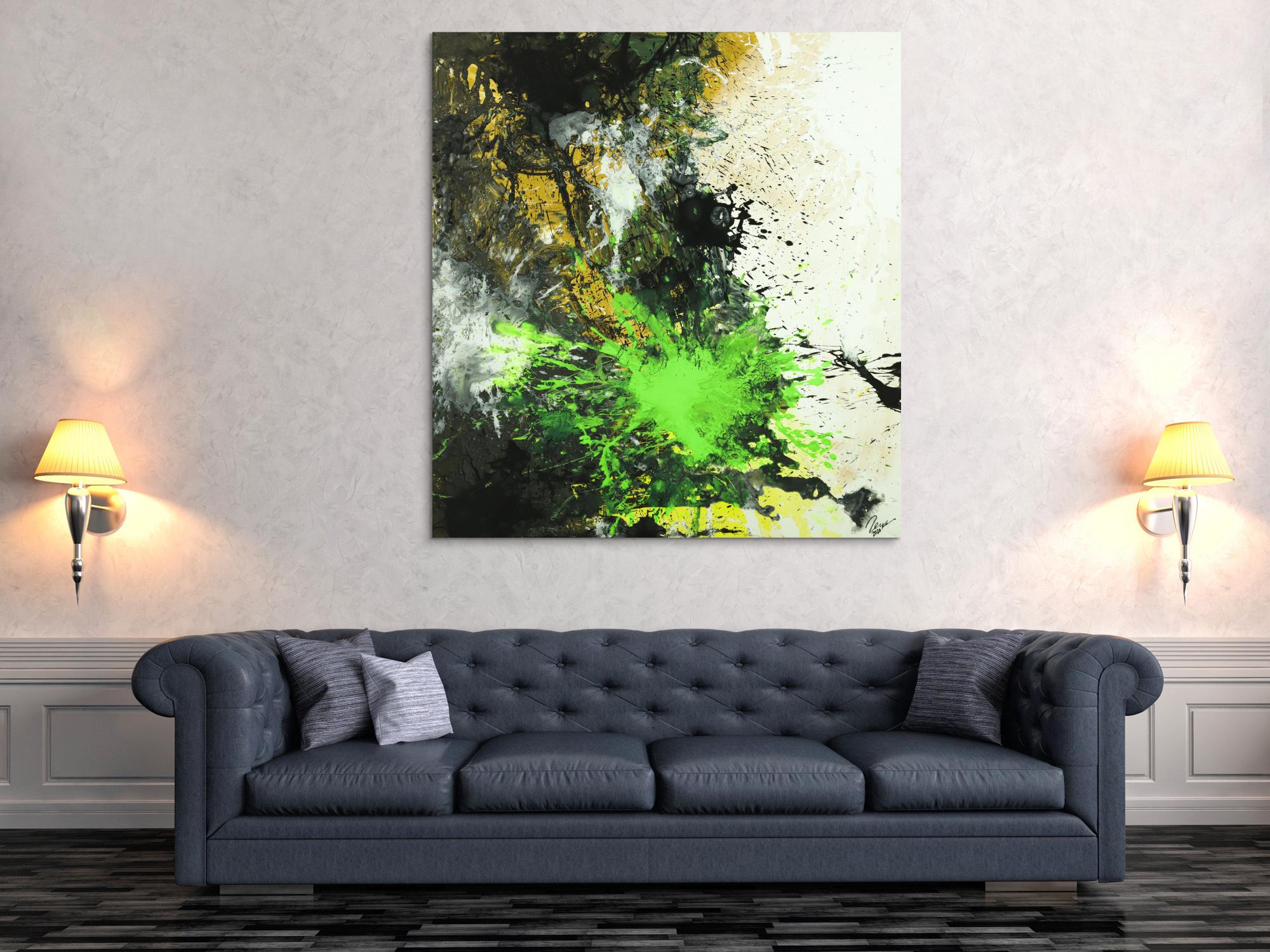 Abstraktes Gemälde Neon Farben Action Painting schwarz gold neon grün weiß Modern Art