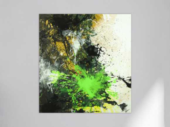 Abstraktes Gemälde Neon Farben Action Painting schwarz gold neon grün weiß Modern Art