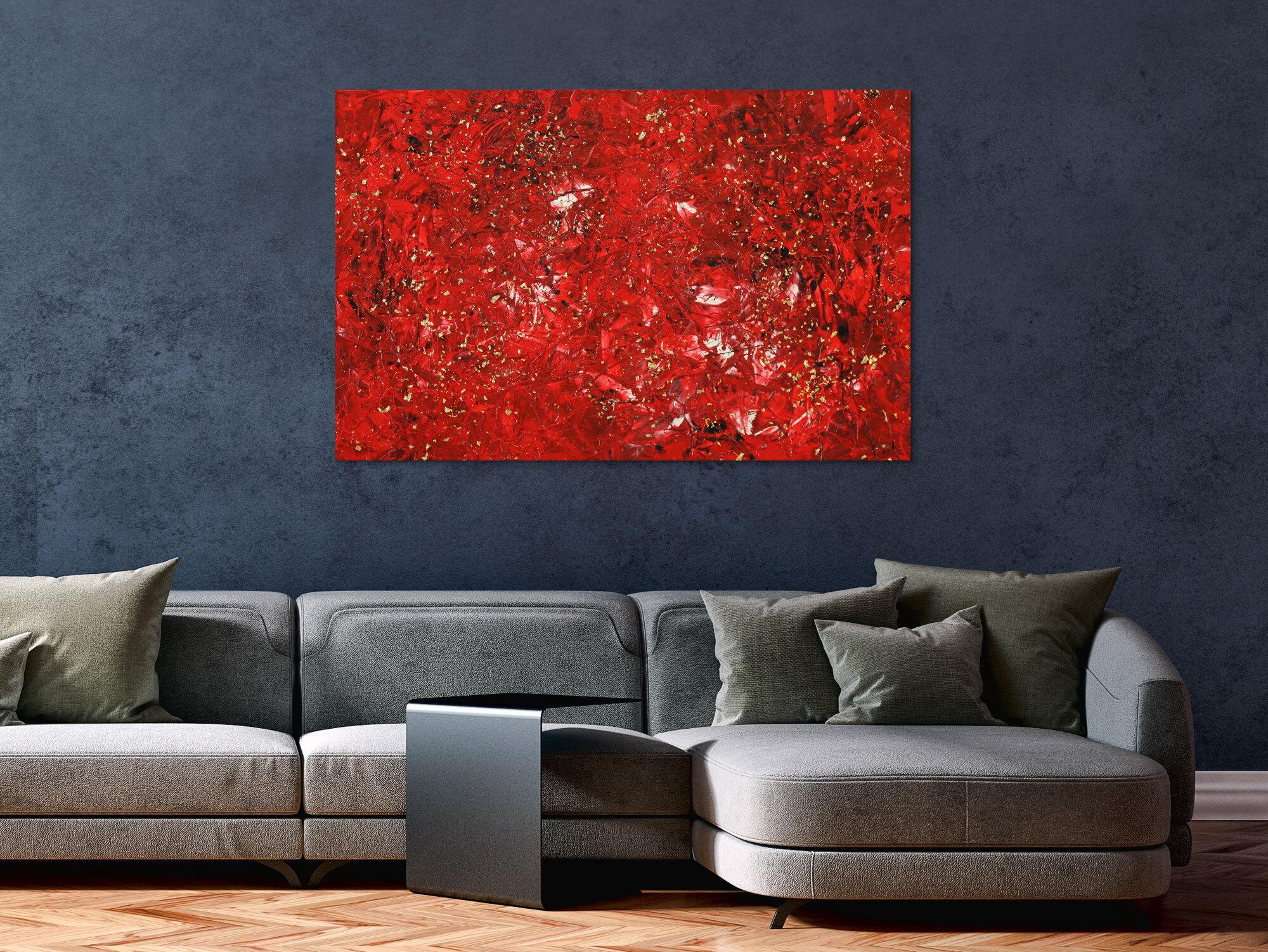 Abstraktes Gemälde Modern Art rot gold handgemalt auf Leinwand Mischtechnik