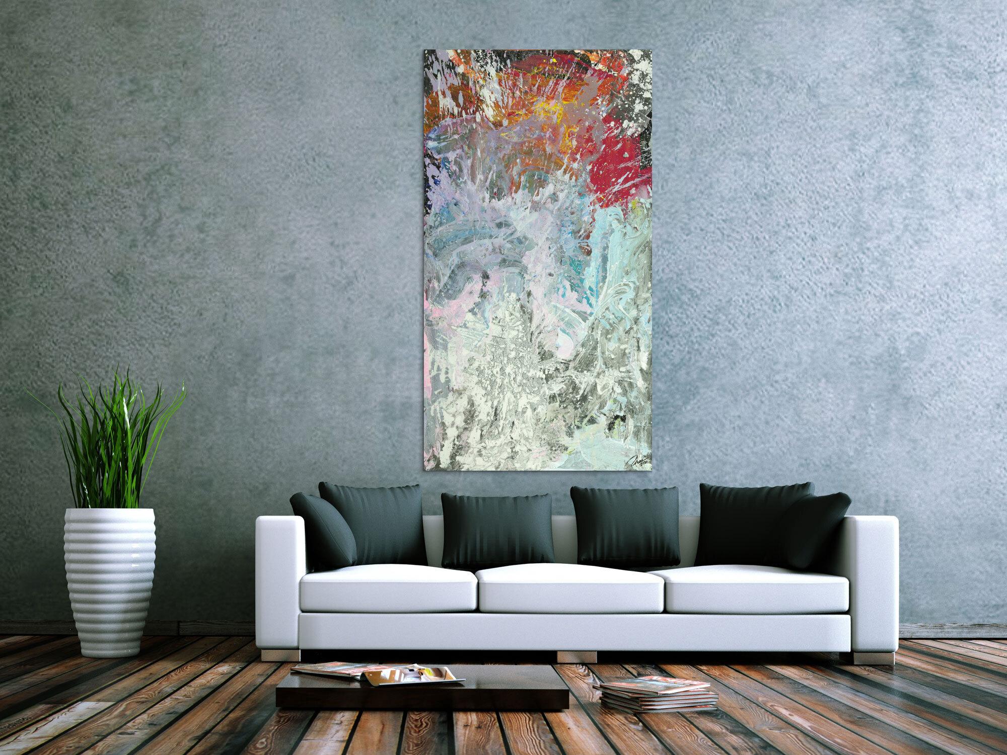 Original Gemälde abstrakt 150x80cm Action Painting Modern Art auf Leinwand Mischtechnik weiß grau anthrazit Einzelstück