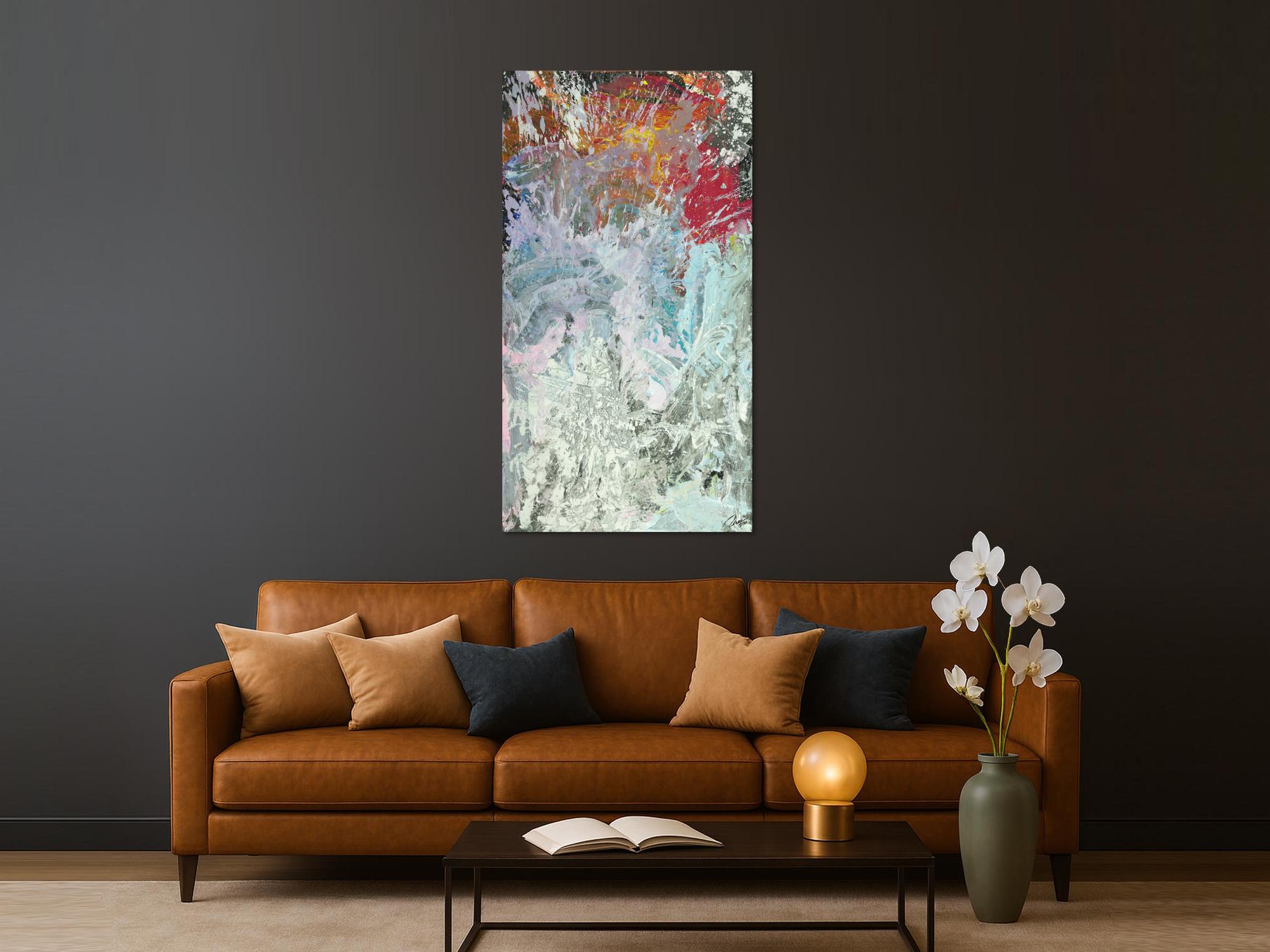 Original Gemälde abstrakt 150x80cm Action Painting Modern Art auf Leinwand Mischtechnik weiß grau anthrazit Einzelstück