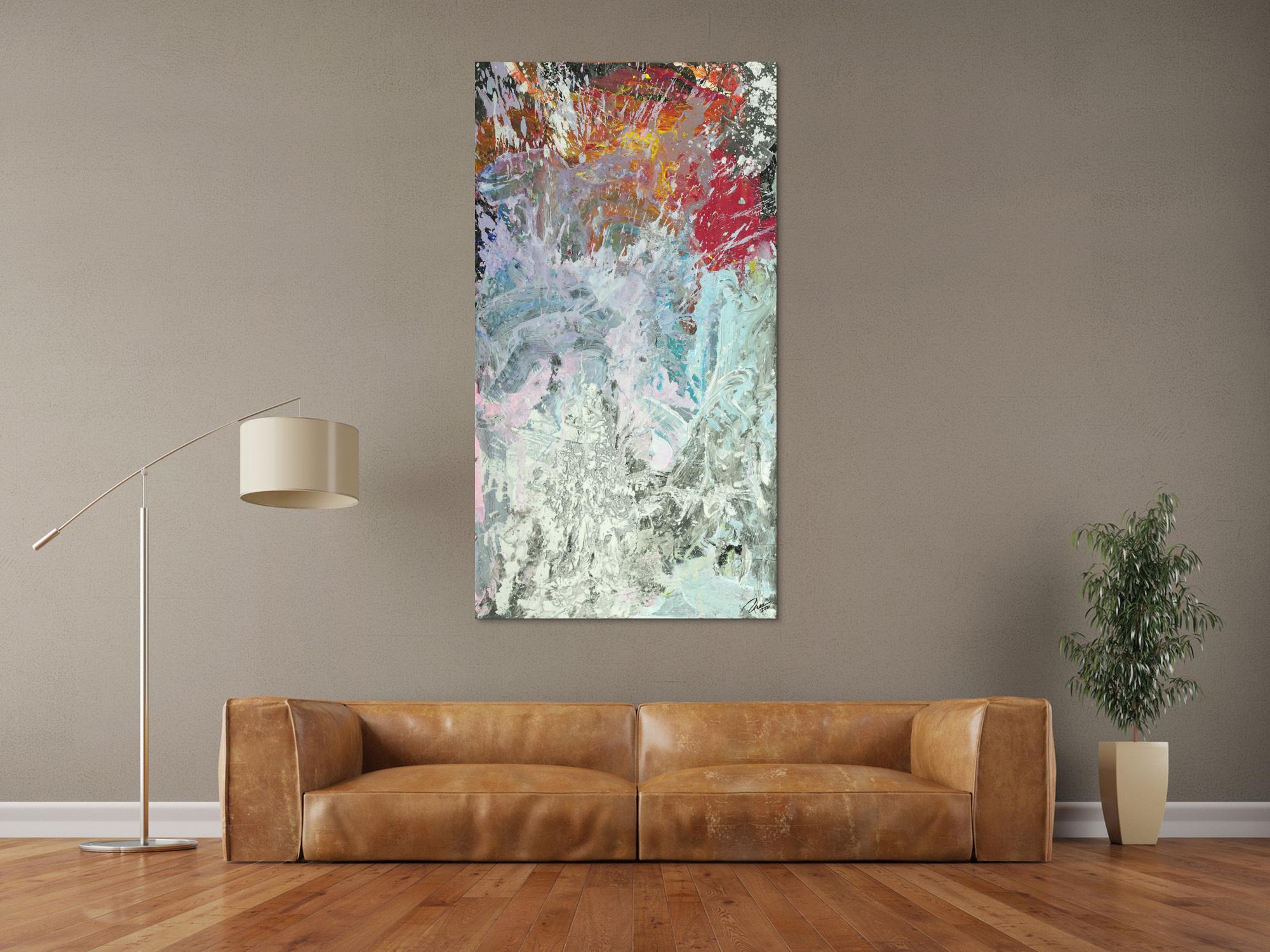 Original Gemälde abstrakt 150x80cm Action Painting Modern Art auf Leinwand Mischtechnik weiß grau anthrazit Einzelstück