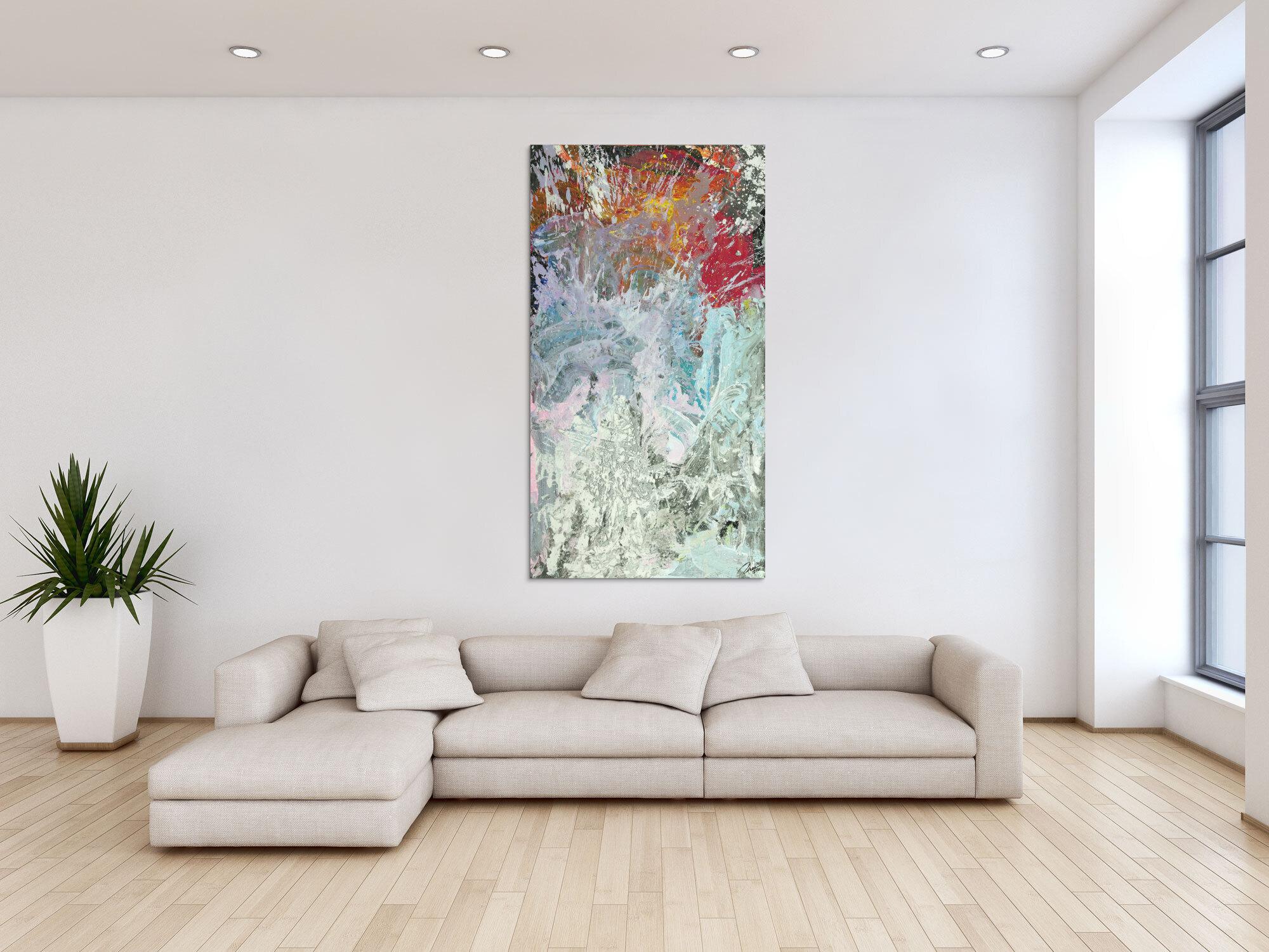 Original Gemälde abstrakt 150x80cm Action Painting Modern Art auf Leinwand Mischtechnik weiß grau anthrazit Einzelstück