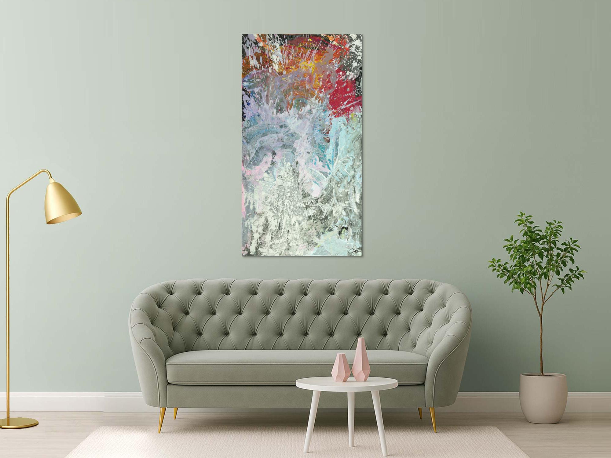Original Gemälde abstrakt 150x80cm Action Painting Modern Art auf Leinwand Mischtechnik weiß grau anthrazit Einzelstück