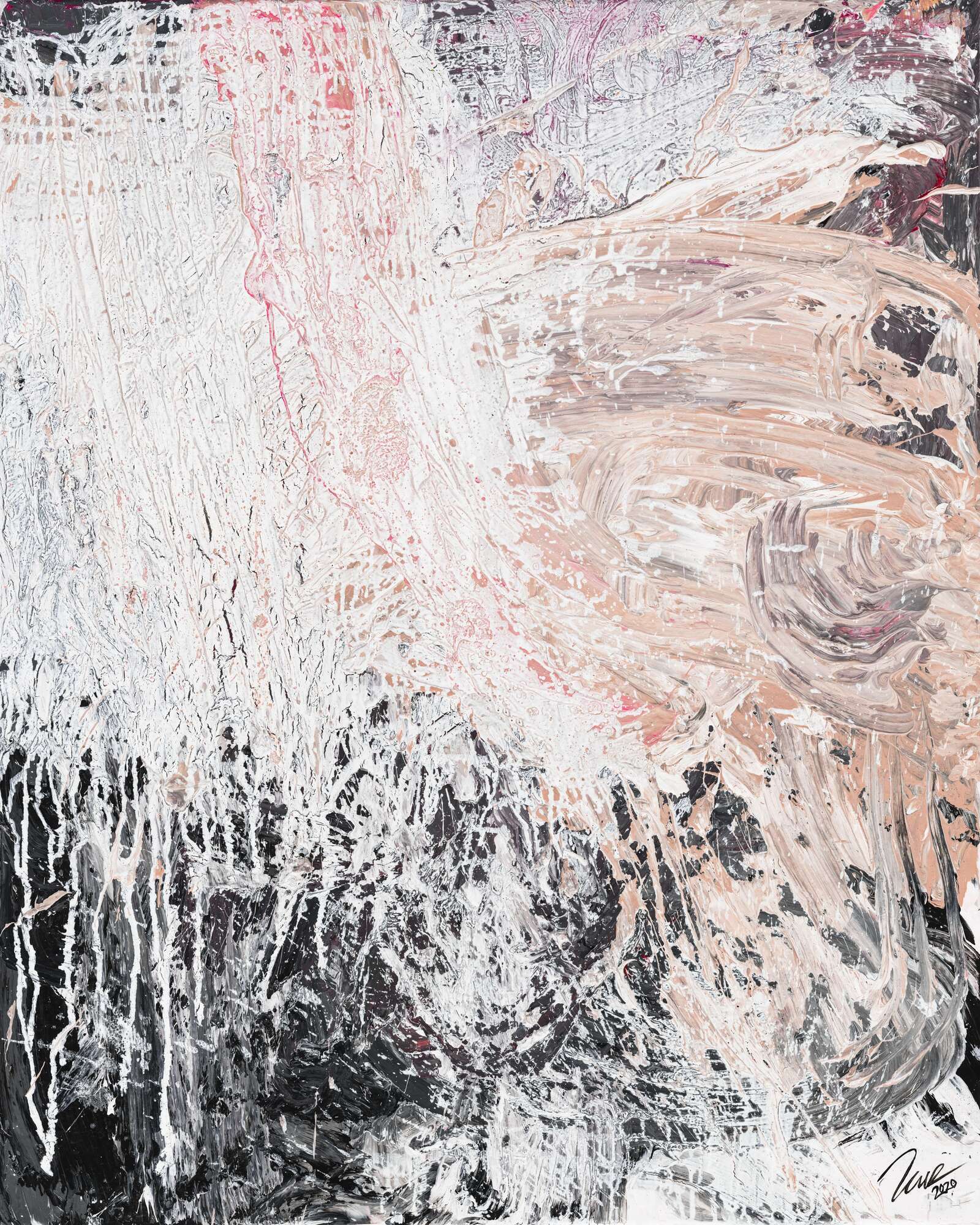 Gemälde Original abstrakt 100x80cm Action Painting Moderne Kunst handgemalt Mischtechnik weiß beige grau Unikat