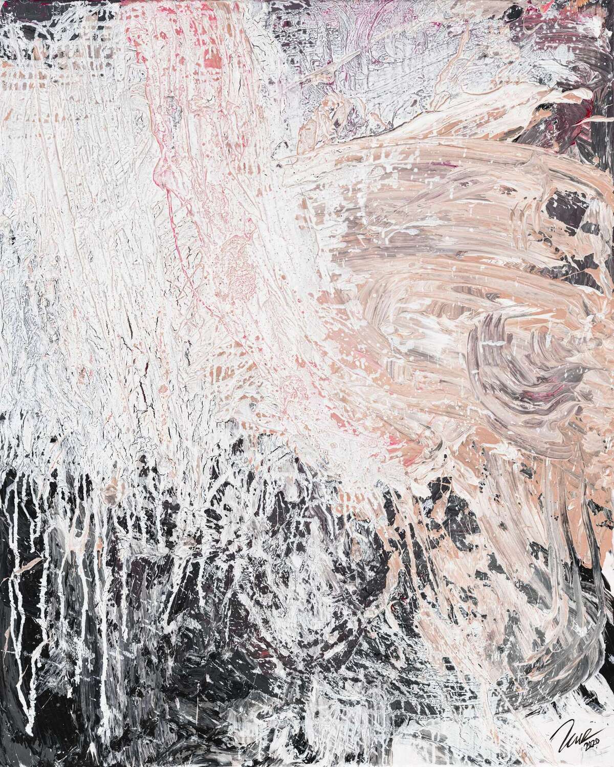 Abstraktes Gemälde auf Leinwand Gemälde Original abstrakt 100x80cm Action Painting Moderne Kunst handgemalt Mischtechnik weiß beige grau Unikat in 100x80cm von Alex Zerr