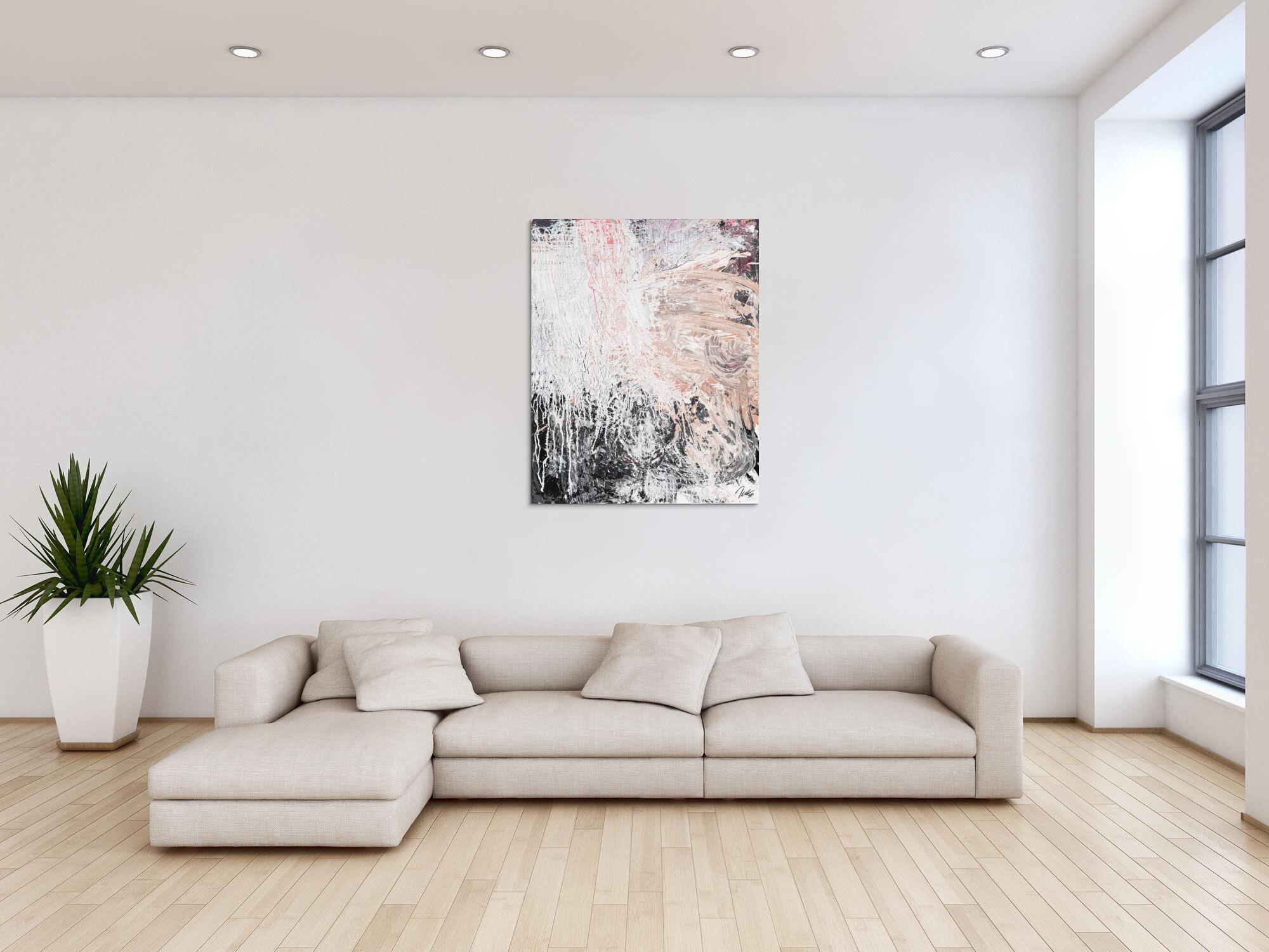 Gemälde Original abstrakt 100x80cm Action Painting Moderne Kunst handgemalt Mischtechnik weiß beige grau Unikat