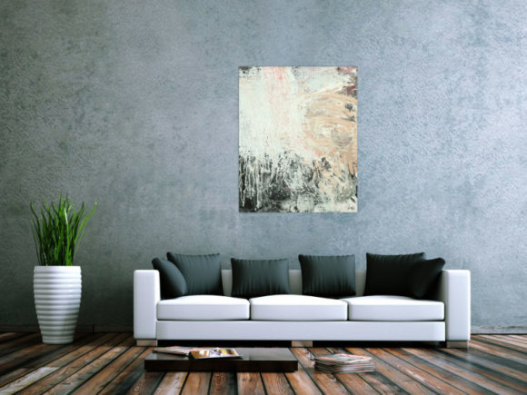Gemälde Original abstrakt 100x80cm Action Painting Moderne Kunst handgemalt Mischtechnik weiß beige grau Unikat