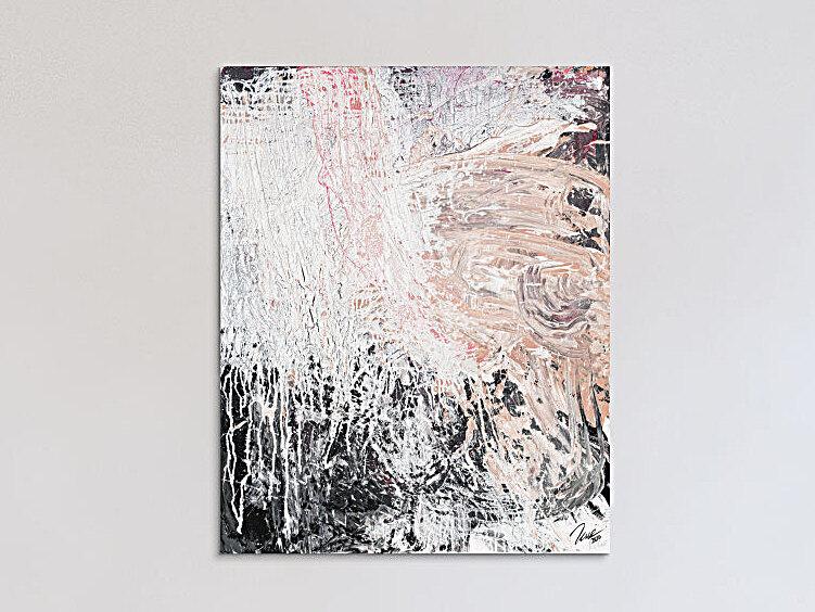 Gemälde Original abstrakt 100x80cm Action Painting Moderne Kunst handgemalt Mischtechnik weiß beige grau Unikat