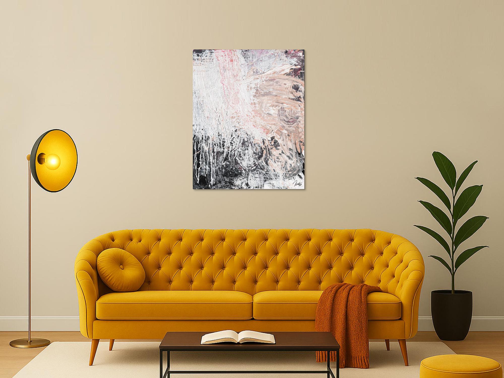 Gemälde Original abstrakt 100x80cm Action Painting Moderne Kunst handgemalt Mischtechnik weiß beige grau Unikat