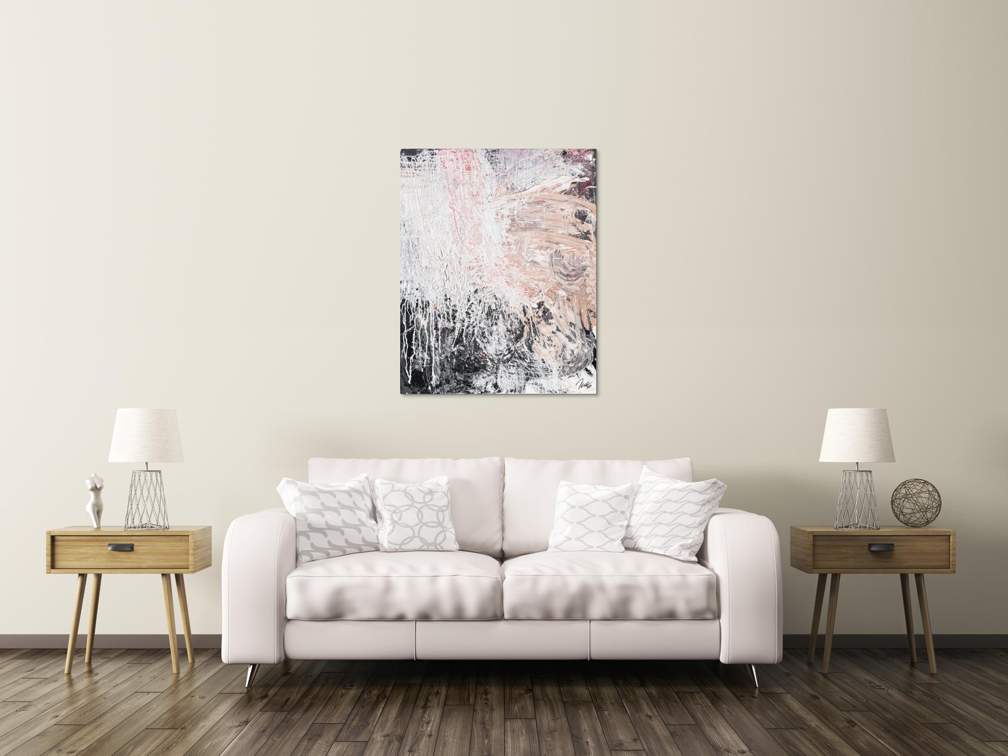 Gemälde Original abstrakt 100x80cm Action Painting Moderne Kunst handgemalt Mischtechnik weiß beige grau Unikat