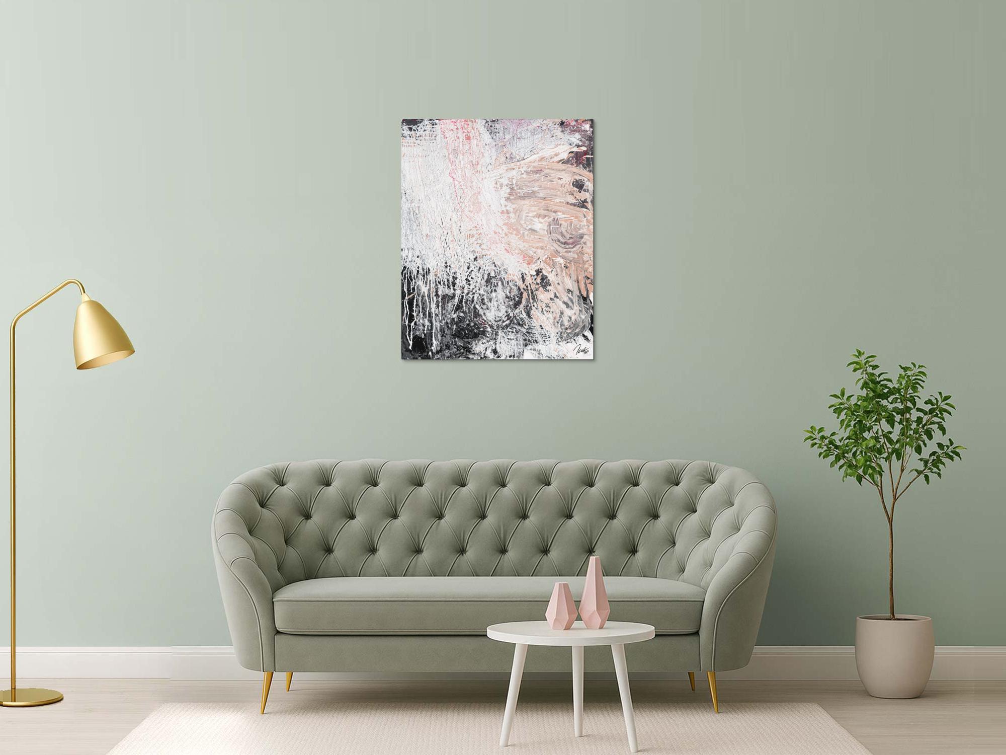 Gemälde Original abstrakt 100x80cm Action Painting Moderne Kunst handgemalt Mischtechnik weiß beige grau Unikat