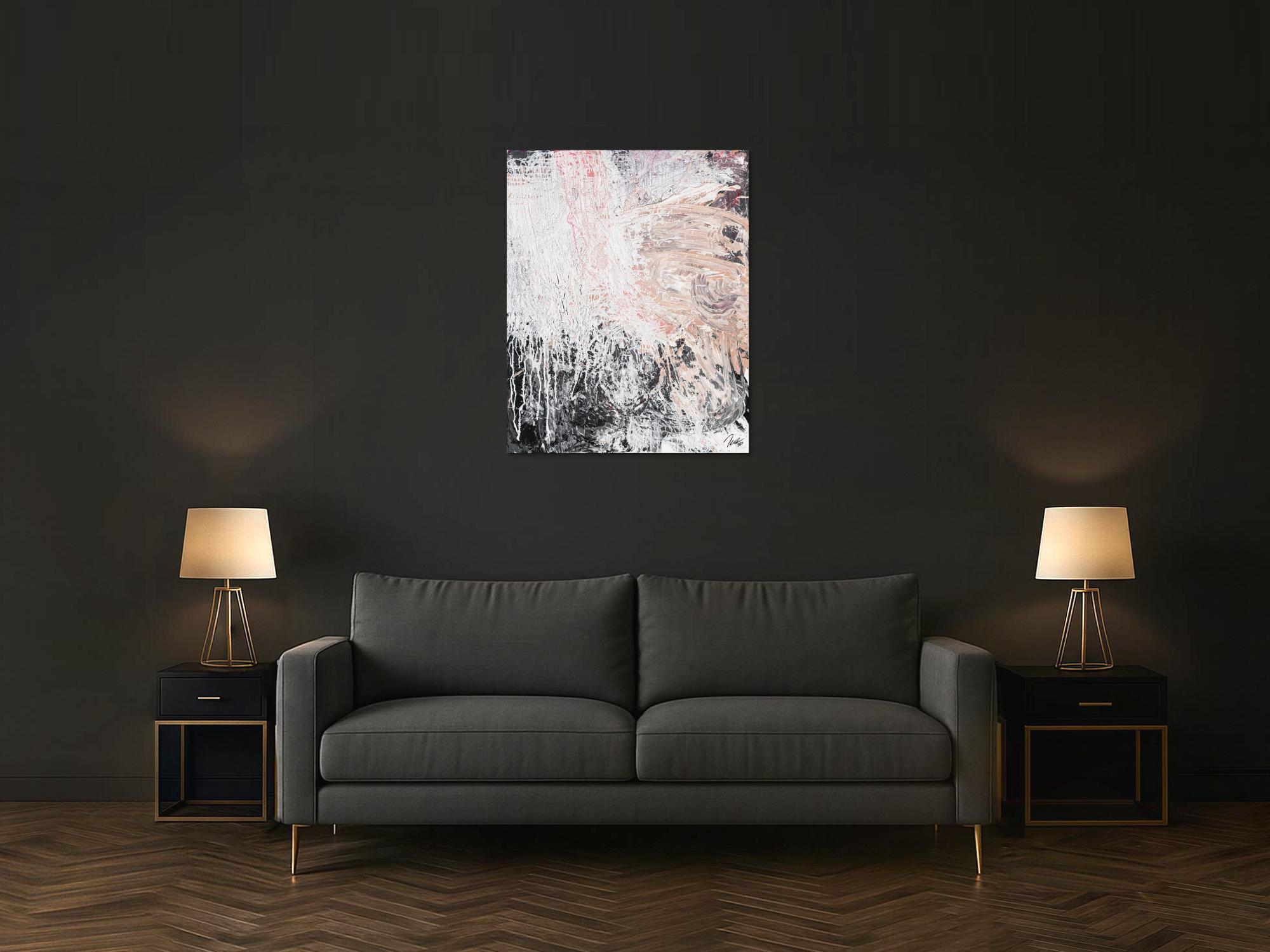 Gemälde Original abstrakt 100x80cm Action Painting Moderne Kunst handgemalt Mischtechnik weiß beige grau Unikat