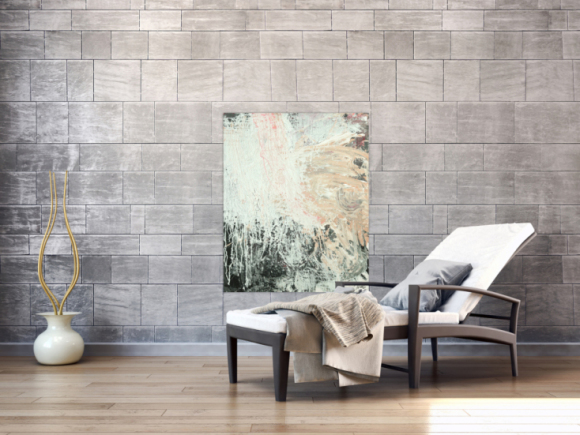 Gemälde Original abstrakt 100x80cm Action Painting Moderne Kunst handgemalt Mischtechnik weiß beige grau Unikat