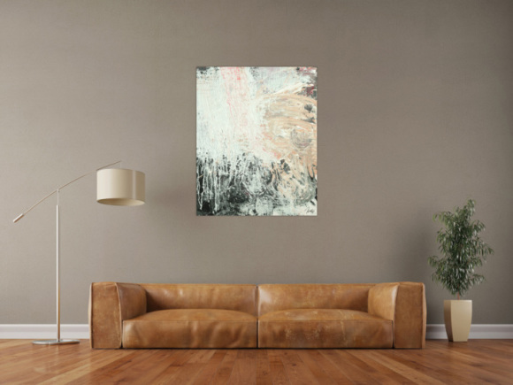 Gemälde Original abstrakt 100x80cm Action Painting Moderne Kunst handgemalt Mischtechnik weiß beige grau Unikat