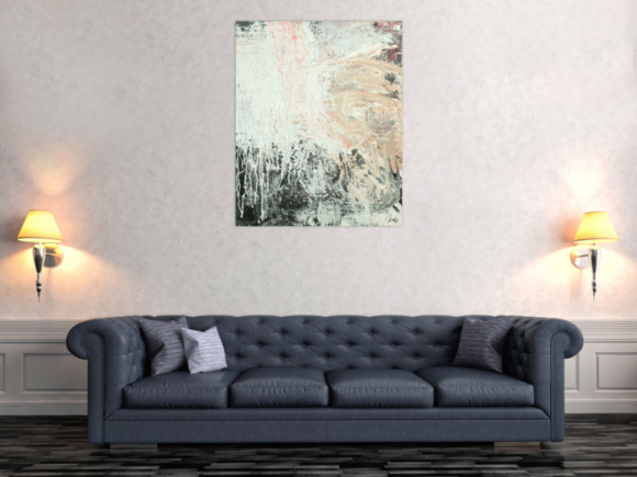 Gemälde Original abstrakt 100x80cm Action Painting Moderne Kunst handgemalt Mischtechnik weiß beige grau Unikat