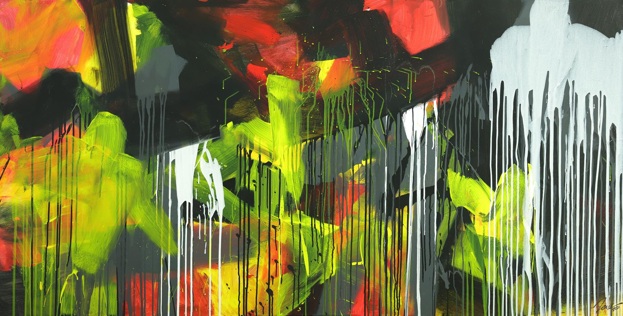 Gemälde Original abstrakt 100x200cm Action Painting expressionistisch auf Leinwand Mischtechnik schwarz weiß gelb hochwertig