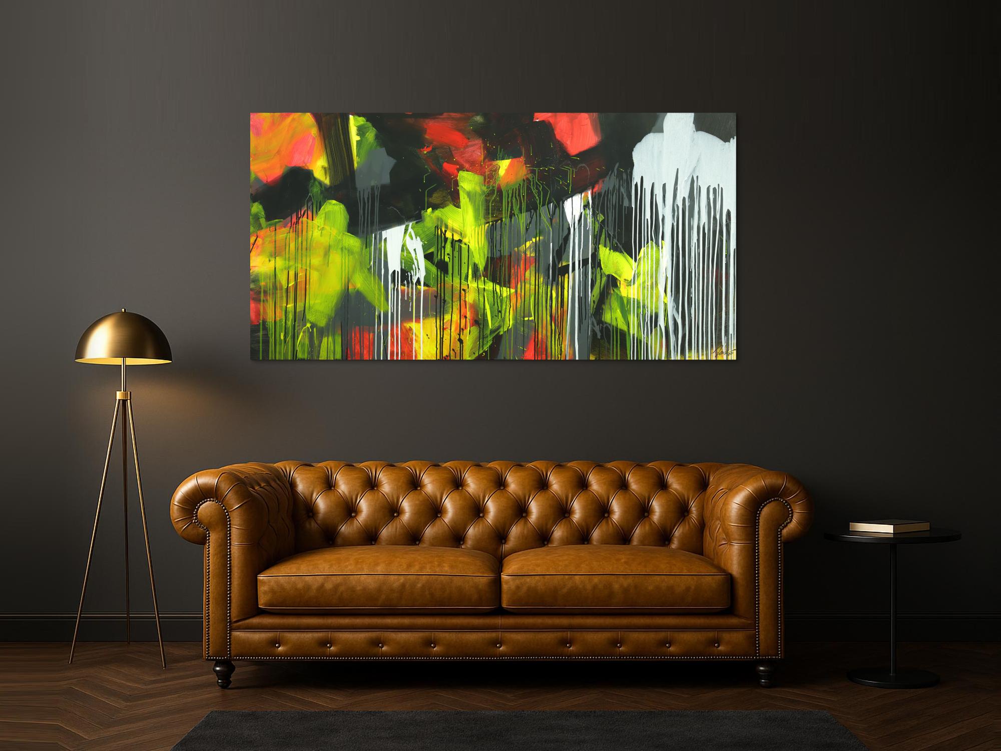 Gemälde Original abstrakt 100x200cm Action Painting expressionistisch auf Leinwand Mischtechnik schwarz weiß gelb hochwertig