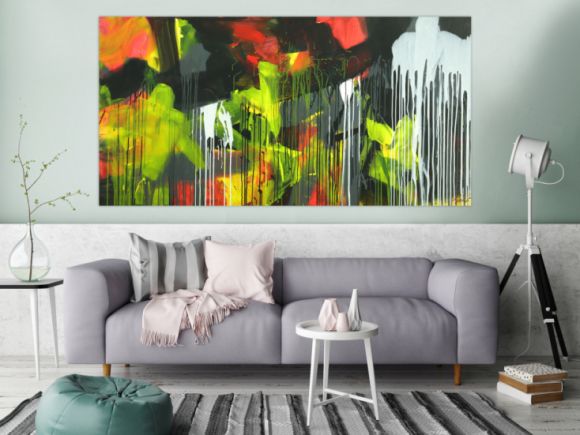 Gemälde Original abstrakt 100x200cm Action Painting expressionistisch auf Leinwand Mischtechnik schwarz weiß gelb hochwertig