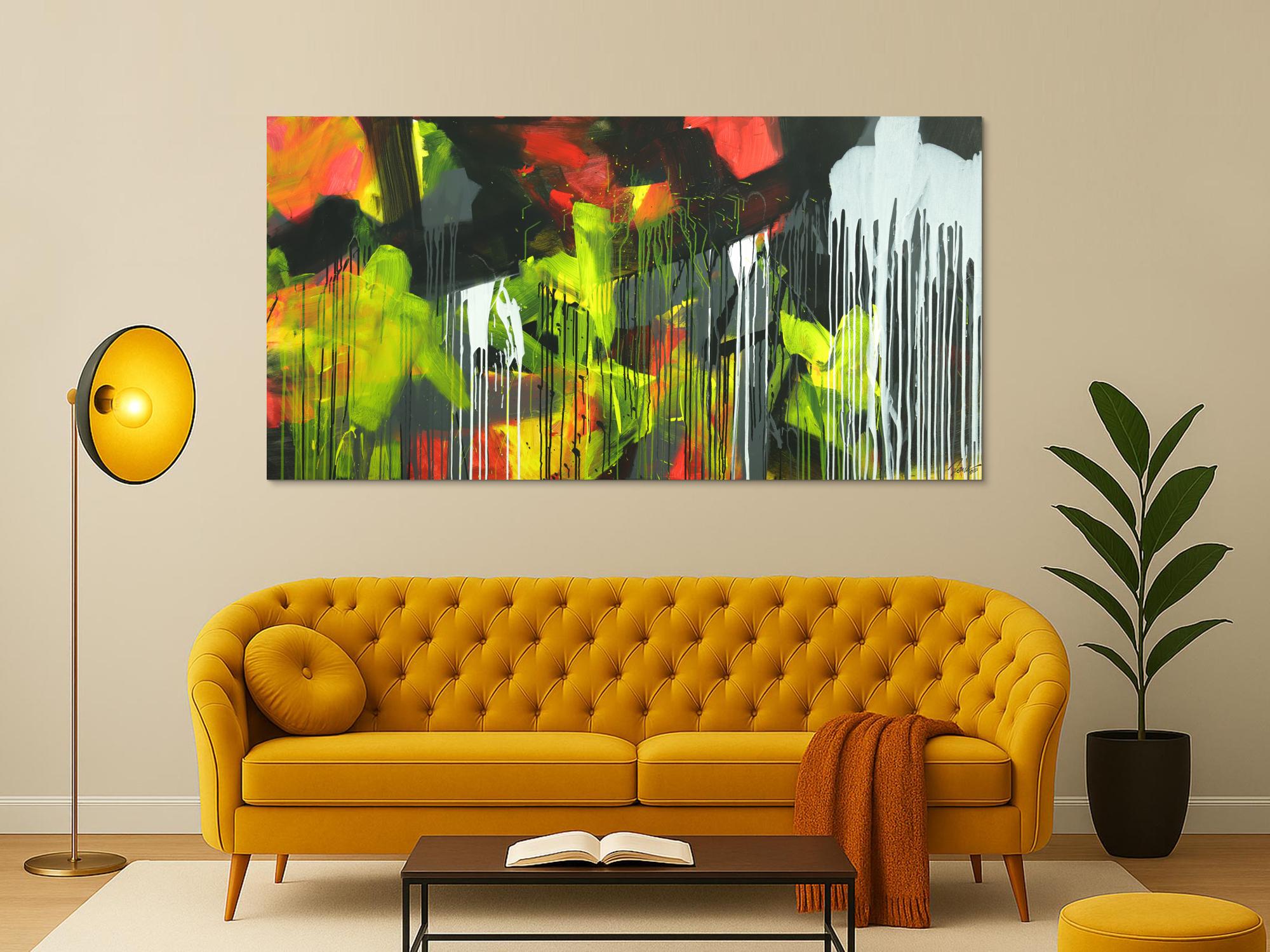 Gemälde Original abstrakt 100x200cm Action Painting expressionistisch auf Leinwand Mischtechnik schwarz weiß gelb hochwertig