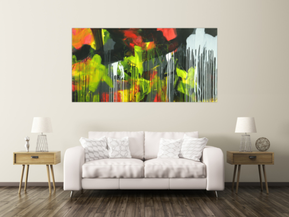 Gemälde Original abstrakt 100x200cm Action Painting expressionistisch auf Leinwand Mischtechnik schwarz weiß gelb hochwertig