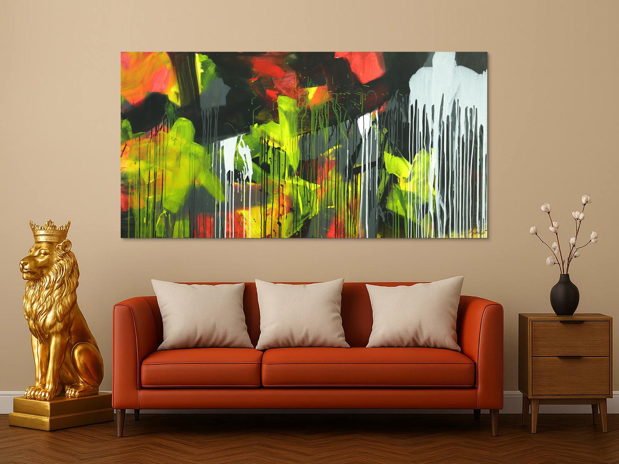 Gemälde Original abstrakt 100x200cm Action Painting expressionistisch auf Leinwand Mischtechnik schwarz weiß gelb hochwertig