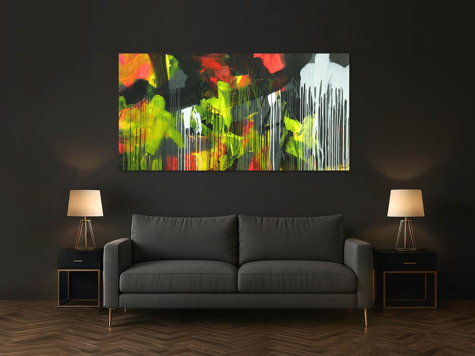 Gemälde Original abstrakt 100x200cm Action Painting expressionistisch auf Leinwand Mischtechnik schwarz weiß gelb hochwertig