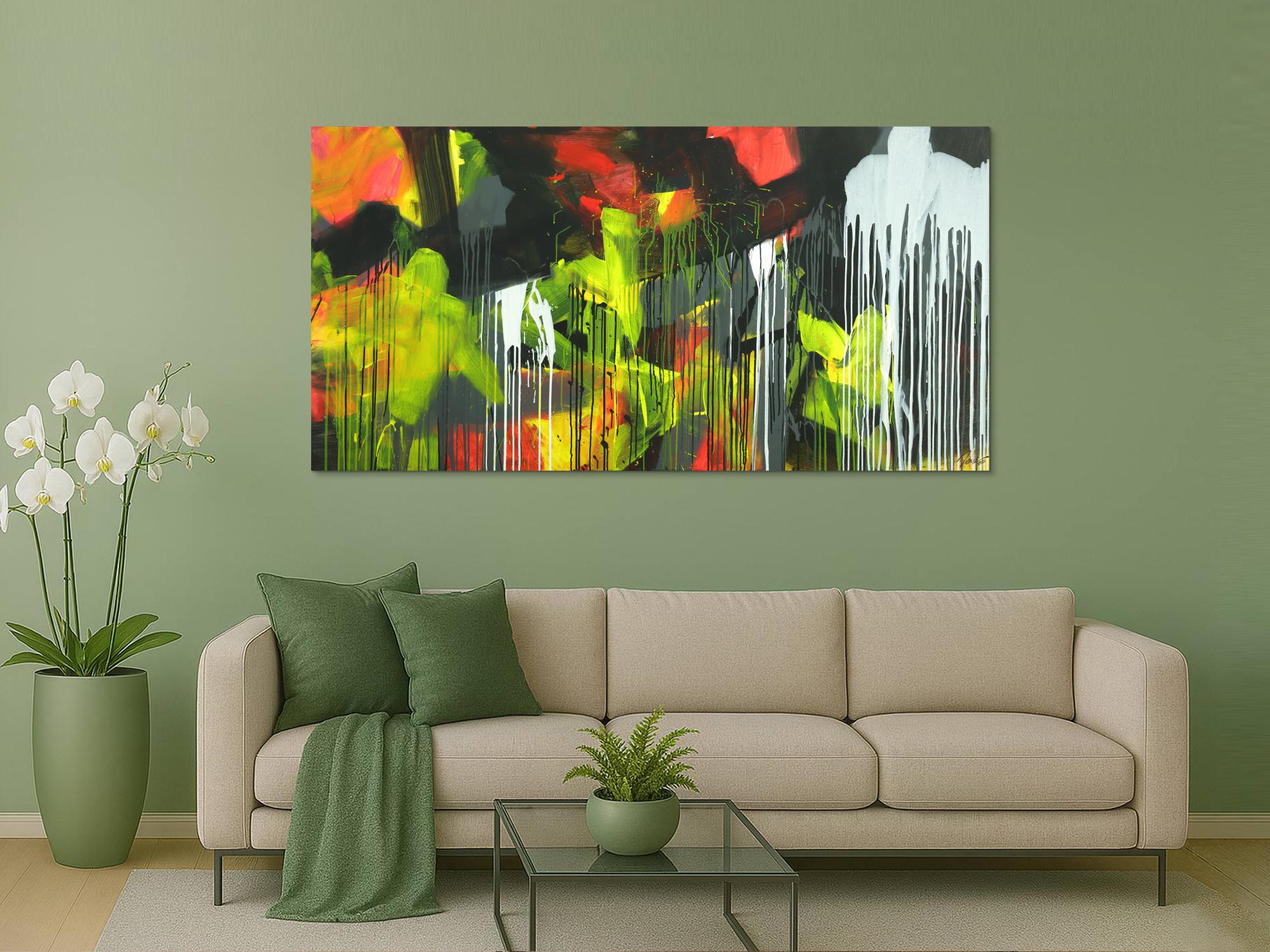 Gemälde Original abstrakt 100x200cm Action Painting expressionistisch auf Leinwand Mischtechnik schwarz weiß gelb hochwertig