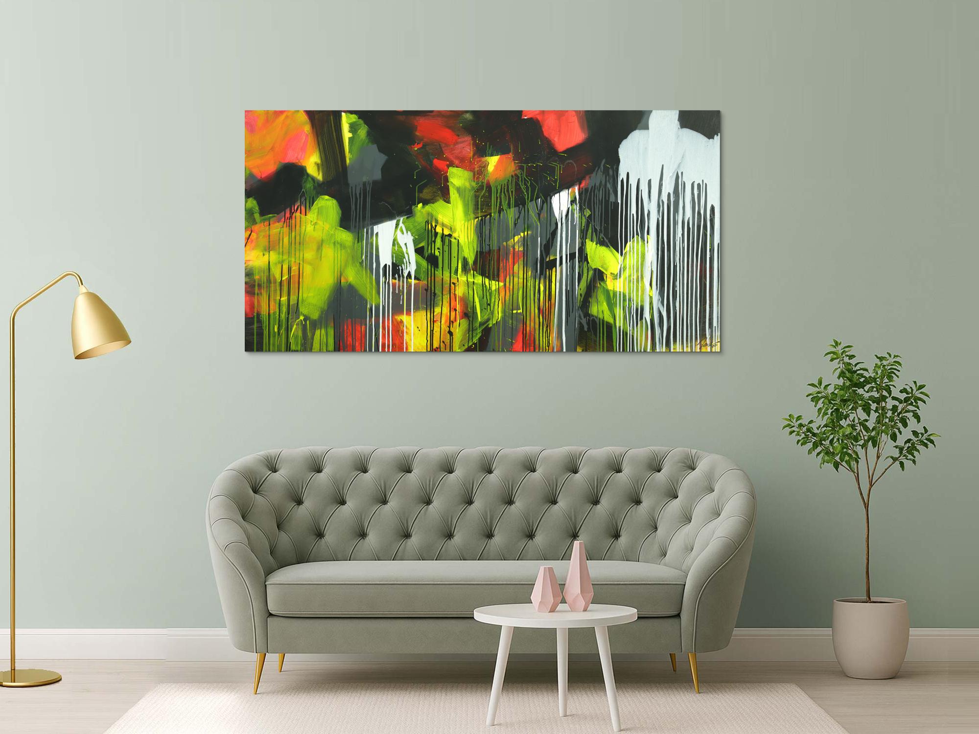 Gemälde Original abstrakt 100x200cm Action Painting expressionistisch auf Leinwand Mischtechnik schwarz weiß gelb hochwertig